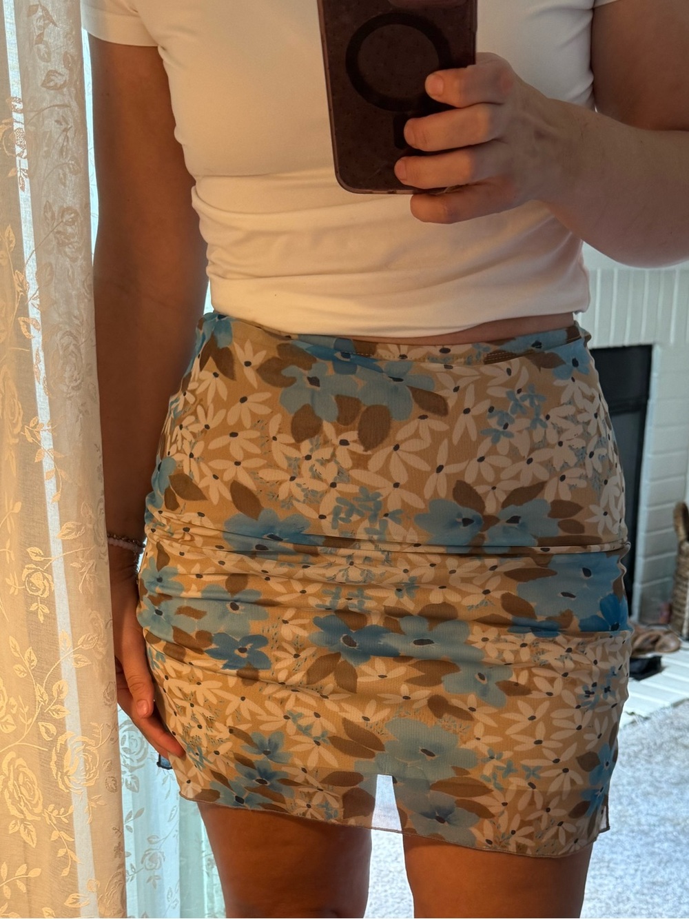 Wet Seal Beige Mini Skirt with Blue Floral Print